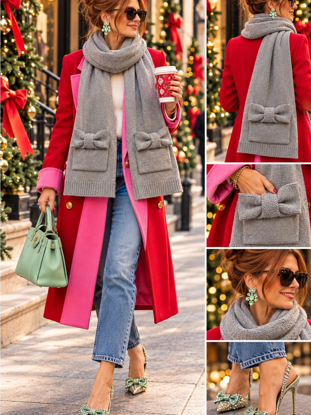 Kate Spade New York Gray Knit Bow Pocket Scarf Long Winter Wrap
